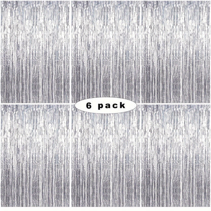 Tinsel Foil Backdrop 6 Packs Metallic Glitter Tassel Curtain – Silver Laser Rain Streamer for Party Photo Booth Birthday Wedding Holiday Doorway Decoration