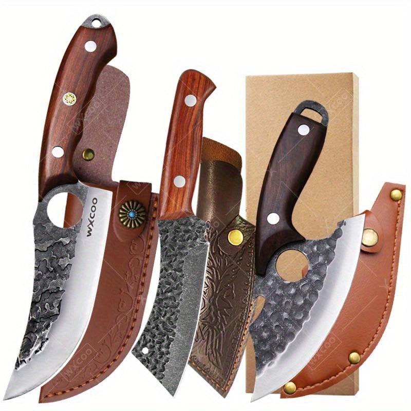 Chef Knife Set Stainless Steel, Professional Kitchen Knife Set with Boning Knife & Utility Knife, Viking BBQ Knife with Hammered Blade & Wood Handle, Multipurpose Cooking Knives for Meat Fish Vegetable