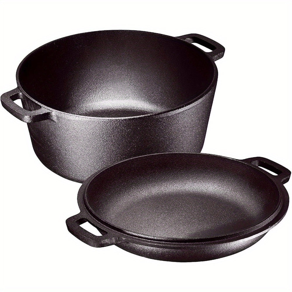 Cast Iron Dutch Oven 5 Quart Pre-Seasoned with Skillet Lid | 2-in-1 Non-Stick Crock Pot with Handles for Braising, Roasting & Casserole – All-in-One Cookware, Black