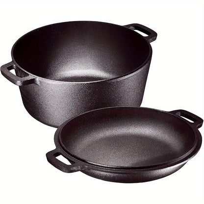 Cast Iron Dutch Oven 5 Quart Pre-Seasoned with Skillet Lid | 2-in-1 Non-Stick Crock Pot with Handles for Braising, Roasting & Casserole – All-in-One Cookware, Black