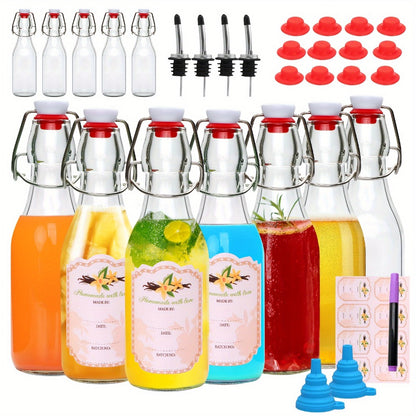 Glass Swing Top Bottles 8.45oz – Round Iron Clasp Airtight Bottle Set with Funnel for Juice, Kombucha, Syrup & Oil Storage, Reusable Flip Cap Glass Bottles (6, 9, 12 or 18 Pack)