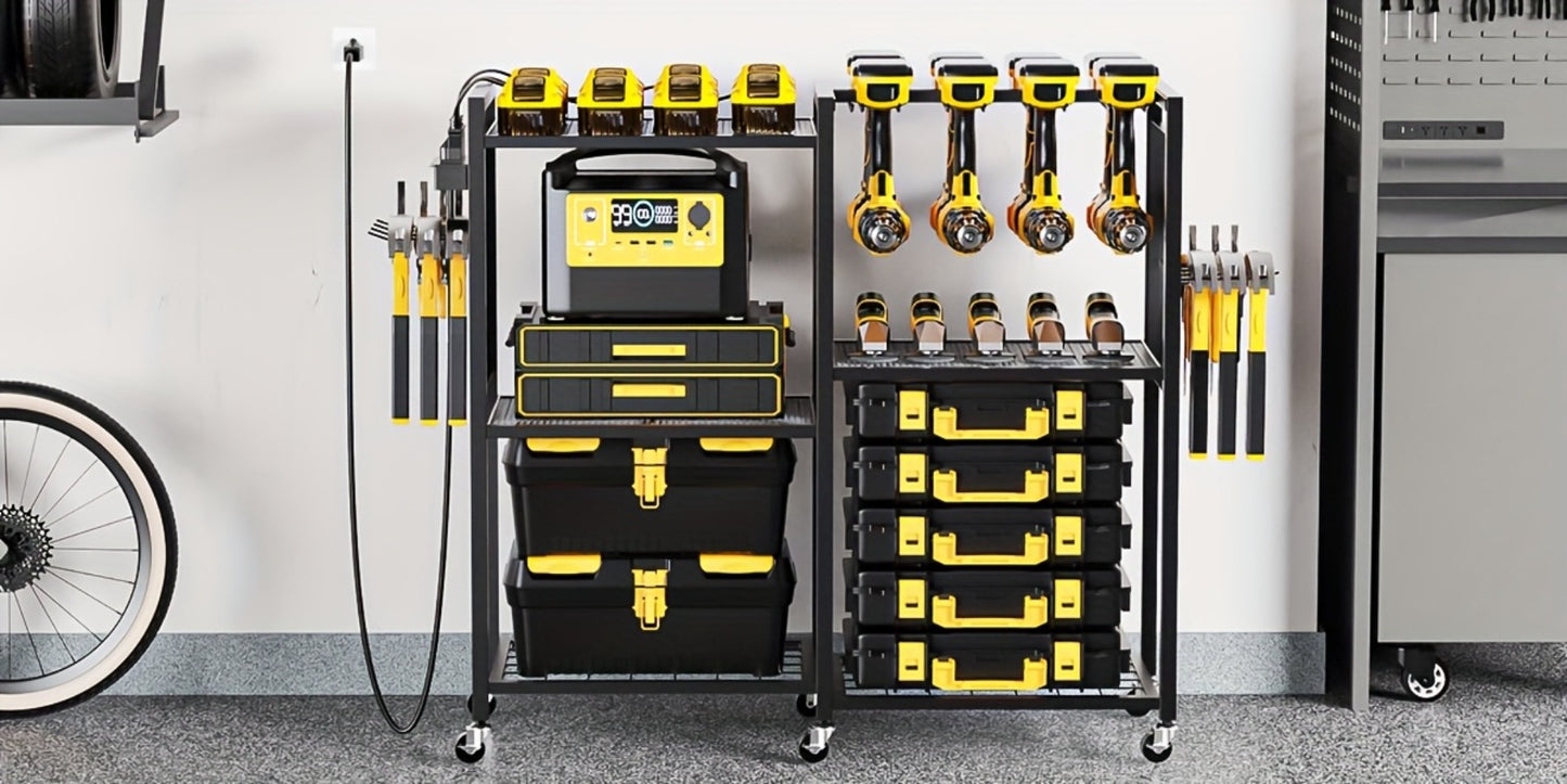 Mobile Tool Cart with Charging Station – 12 Drill Holders & 5 Storage Shelves Power Tool Organizer | Rolling Utility Rack Toolbox with Battery Charging Power Strip for Garage & Workshop | 4 Colors