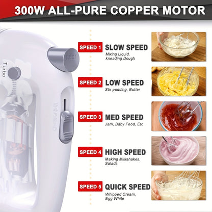 Hand Mixer Electric 300W with Stainless Steel Attachments & Storage Case - 5-Speed Control for Baking Cakes, Eggs & Whipping Cream, Compact Kitchen Handheld Mixer for Home Use