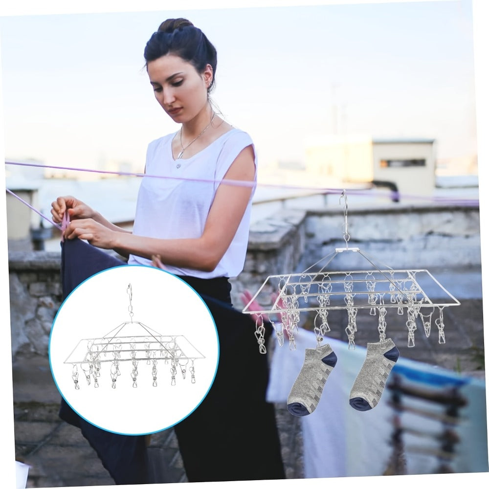 Clothes Drying Rack with Clips Stainless Steel Laundry Hanger Windproof Skidproof Multi-Clip Sock Underwear Dryer for Home Bedroom Balcony – 30/40/50 Clips