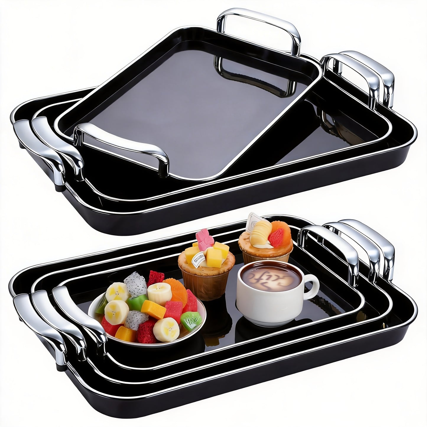 3-Piece Rectangular Serving Tray Set with Handles – Plastic Food Trays for Parties, Dinners & Gatherings, 16.5/15/13.2 Inch Nested Trays for Turkey, Cake, Cheese, Fruit & Appetizers