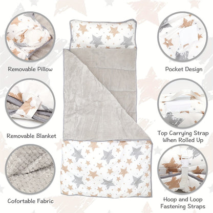 Toddler Nap Mat with Removable Pillow & Minky Blanket, Rollup Kids Sleeping Mat for Daycare Preschool, Portable Toddler Sleeping Bag for Travel Camping, Star Pattern