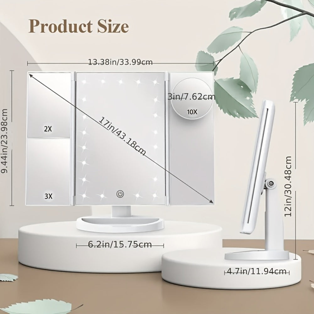 LED Tri-Fold Makeup Mirror with Touch Screen – 1X/2X/3X/10X Magnifying Vanity Mirror, Flexible Adjustable Base, Lighted Travel Mirror for Makeup Desk, Bedroom & Bathroom | Gift for Women