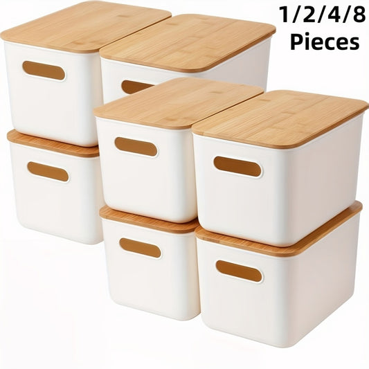 Plastic Storage Bins with Wood Lids Stackable Organizer with Handle and Labels for Home Office Kitchen Bedroom Closet Playroom 1 2 4 8 Pack