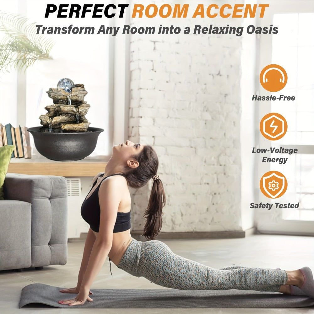 Indoor Tabletop Fountain with LED Lights – Crystal Ball Rolling Waterfall Desktop Zen Fountain Humidifier for Living Room Office Bedroom