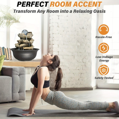 Indoor Tabletop Fountain with LED Lights – Crystal Ball Rolling Waterfall Desktop Zen Fountain Humidifier for Living Room Office Bedroom