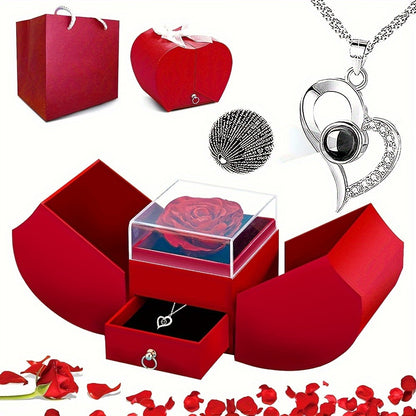 Preserved Real Rose Gift Box with I Love You in 100 Languages Necklace – Romantic Gifts for Girlfriend Wife Mom – Valentine's Day Birthday Mother's Day Christmas Gift Idea for Women