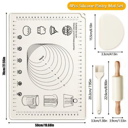 Silicone Baking Mat Set 4pcs, Extra Thick Non-Stick Pastry Mat with Measurement Scales, Non-Slip Dough Kneading Mat, Includes Rolling Pin, Dough Scraper and Storage Bag, Reusable Kitchen Baking Tools