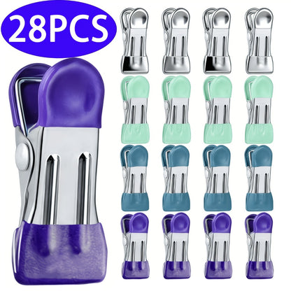 Stainless Steel Clips 28pcs Heavy Duty Rustproof | Multipurpose Airtight Sealing Clips for Food Bags Clothes Hanging | Kitchen Office Home Bag Clips Random Colors