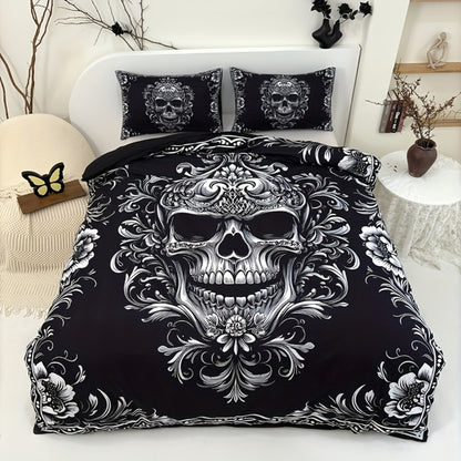 Skull Duvet Cover Set 3pcs – Gothic Victorian Baroque Black & White Skull Bedding with 2 Pillowcases, Digital Print Halloween Bedroom Decor (Twin, Full, Queen, King – No Insert)
