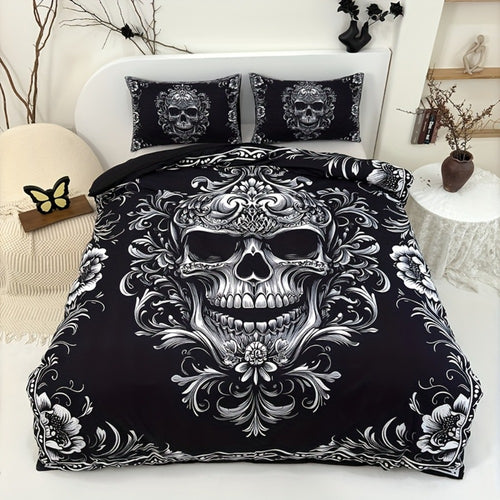Skull Duvet Cover Set 3pcs – Gothic Victorian Baroque Black & White Skull Bedding with 2 Pillowcases, Digital Print Halloween Bedroom Decor (Twin, Full, Queen, King – No Insert)