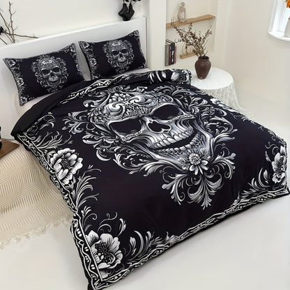 Skull Duvet Cover Set 3pcs – Gothic Victorian Baroque Black & White Skull Bedding with 2 Pillowcases, Digital Print Halloween Bedroom Decor (Twin, Full, Queen, King – No Insert)