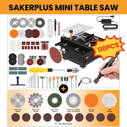 100W Electric Mini Table Saw with Woodworking Pen Set, 7-Speed & Angle Adjustable, 16mm Max Cutting Depth, Precision Crafts Model Making DIY Jewelry Home Projects, Great Gift for Men & Beginners