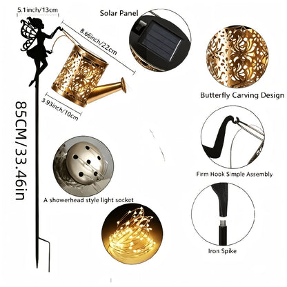 Solar Watering Can Lights 2pcs Garden Waterfall, IP65 Waterproof Hanging Solar String Lights with Ground Plug for Outdoor Lawn, Patio & Holiday Decor, Christmas Garden Gift