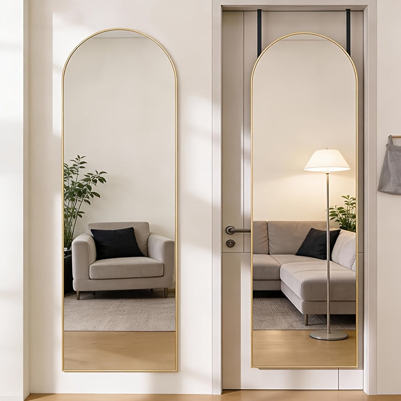 Full Length Mirror 47x14 – Over the Door or Wall Mounted Hanging Mirror, Aluminum Alloy Frame, Full Body Dressing Mirror for Bedroom, Living Room & Entryway, Arched & Rectangular, Black & Gold