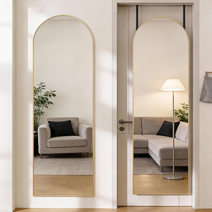 Full Length Mirror 47x14 – Over the Door or Wall Mounted Hanging Mirror, Aluminum Alloy Frame, Full Body Dressing Mirror for Bedroom, Living Room & Entryway, Arched & Rectangular, Black & Gold