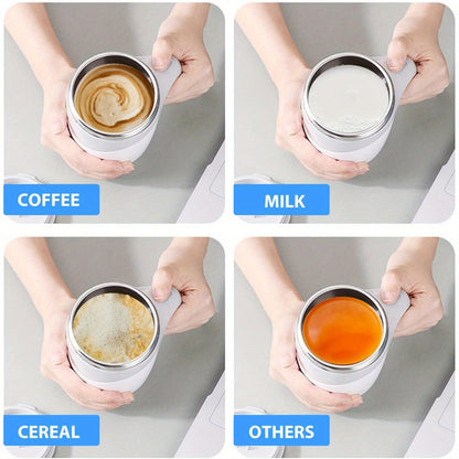Self Stirring Coffee Mug with Magnetic Stirring Technology – 13.3oz Stainless Steel Travel Mug, No Battery Needed, Spill-Proof Lid & Ergonomic Handle, Reusable Coffee Cup Gift Set – White & Beige