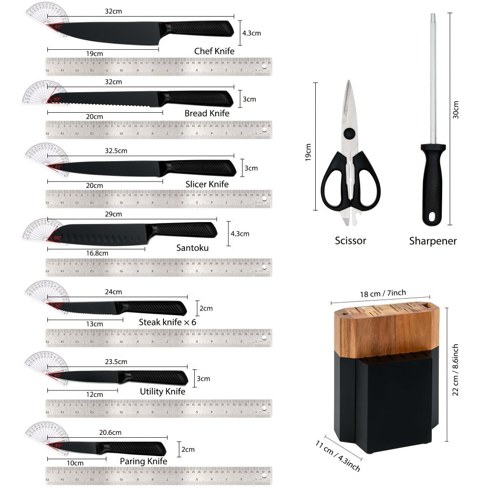 Kitchen Knife Set 15 Piece – Chef Knife Block Set with Self-Sharpening Wooden Block, Steak Knives & Hammered Stainless Steel Blades, Perfect Gift for Home Cooks & Men