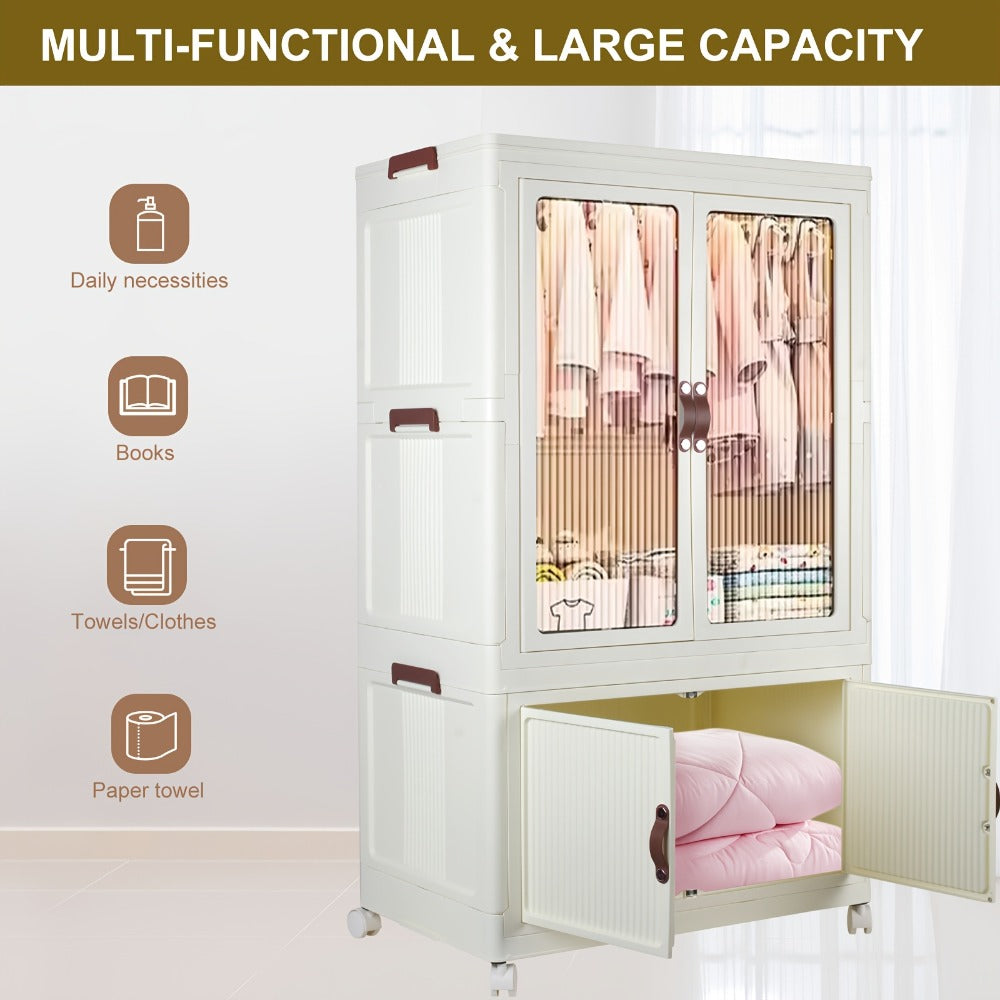 Portable Closet Wardrobe with Wheels & Hanging Rod – Foldable Clothes Cabinet with Doors, 10 Hangers, Stackable Storage Bins, 70 GAL Collapsible Plastic Wardrobe Organizer