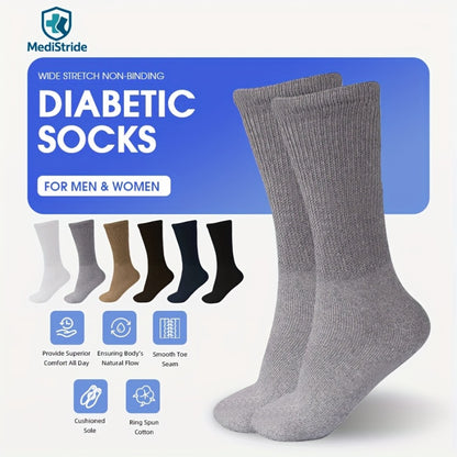 Cotton Diabetic Crew Socks 12 Pairs Non-Binding Neuropathy Loose Fit Seamless Cushioned Full Length for Men Women Edema Sensitive Feet White Black Brown Khaki Navy Grey