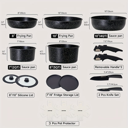Detachable Handle Cookware Set 16 & 26 Piece Non-Stick PFOA-Free – Stackable Space-Saving Pots and Pans | Oven Safe 480°F Induction Compatible | RV Camping Kitchen Cooking Set in Black & Beige
