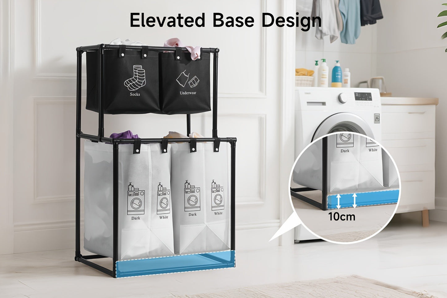 Laundry Sorter 2 Compartment Hamper – 2-Tier Metal Frame Laundry Hamper with Handles, Breathable Mesh Bags & Cable Ties – Space-Saving Clothes Organizer for Home, Bedroom & Apartment