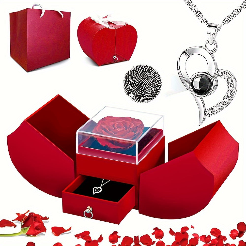 Preserved Real Rose Gift Box with I Love You in 100 Languages Necklace – Romantic Gifts for Girlfriend Wife Mom – Valentine's Day Birthday Mother's Day Christmas Gift Idea for Women