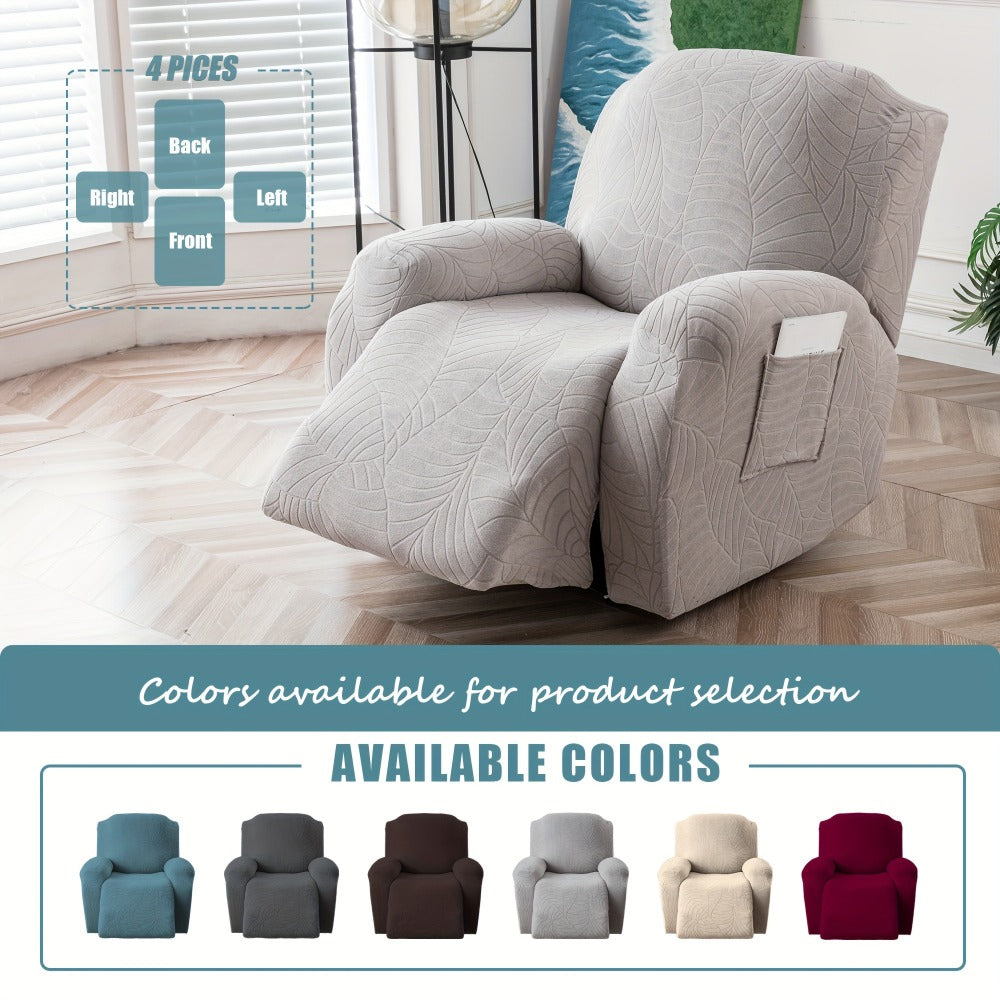 Recliner Chair Cover Slipcover 4-Piece Set – Leaf Jacquard Stretch Furniture Protector with Storage Pocket, Non-Slip Recliner Sofa Cover for Living Room, Machine Washable, 6 Colors Available