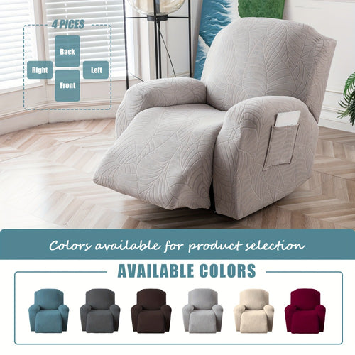 Recliner Chair Cover Slipcover 4-Piece Set – Leaf Jacquard Stretch Furniture Protector with Storage Pocket, Non-Slip Recliner Sofa Cover for Living Room, Machine Washable, 6 Colors Available