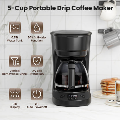 5-Cup Drip Coffee Maker with Coffee Pot, Auto Shut-Off, Anti-Drip & Dry Boil Protection, 25.36oz Water Tank, Compact Small Coffee Machine for Home & Office, Black