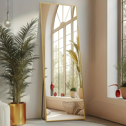 Full Length Mirror 59"x16" Arched Leaning Wall Mirror, Aluminum Alloy Thin Frame, Vertical or Tilted, Black & Gold
