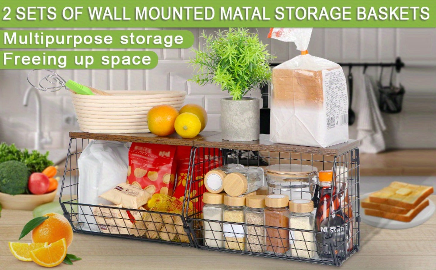 Stackable Metal Wire Fruit Basket with Lid – 1 or 2-Tier Hanging Kitchen Pantry Storage Bin, Wall-Mounted or Countertop Vegetable Organizer for Potato, Onion & Produce, Black