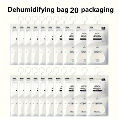 Moisture Absorber Bags 20 Pack Hanging Dehumidifier Bags 90-Day Power-Free Reusable Damp Absorber with Hooks for Wardrobe Bedroom Bathroom Closet