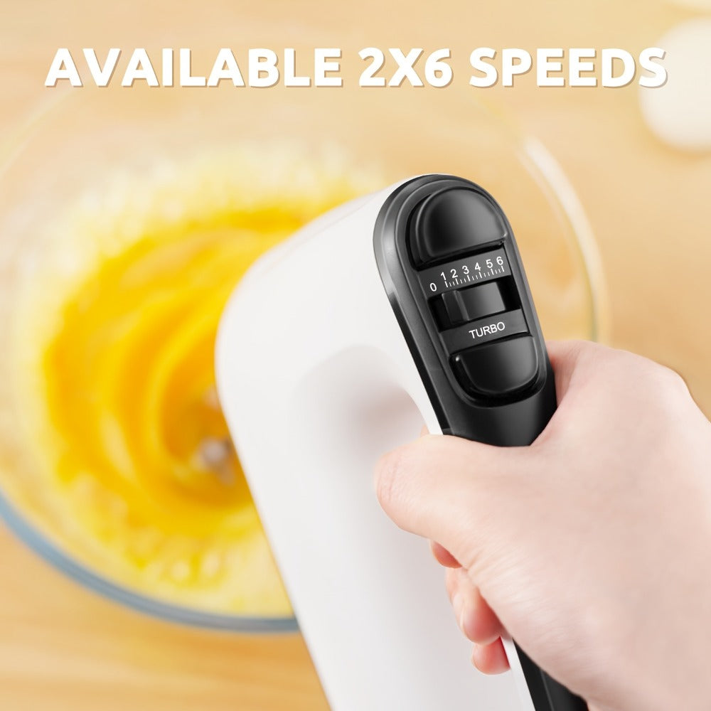 Electric Hand Mixer 6 Speed & Turbo with 5 Stainless Steel Accessories & Snap-On Storage Case – Handheld Mixer for Whipping Cream Beating Eggs Mixing Cookie Cake Brownie Dough Batter | White Silver