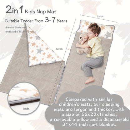 Toddler Nap Mat with Removable Pillow & Minky Blanket, Rollup Kids Sleeping Mat for Daycare Preschool, Portable Toddler Sleeping Bag for Travel Camping, Star Pattern