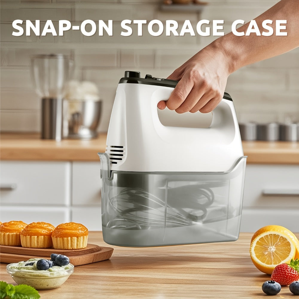 Electric Hand Mixer 6 Speed & Turbo with 5 Stainless Steel Accessories & Snap-On Storage Case – Handheld Mixer for Whipping Cream Beating Eggs Mixing Cookie Cake Brownie Dough Batter | White Silver