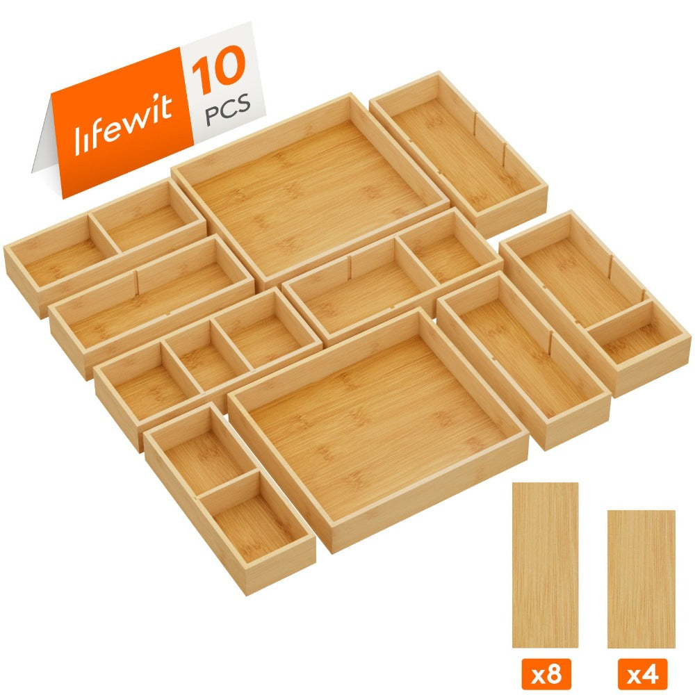 Bamboo Drawer Organizer 10 Pack, Adjustable Stackable Drawer Dividers Bins for Kitchen Utensils, Silverware, Makeup, Office Supplies, Bathroom Vanity & Junk Drawer