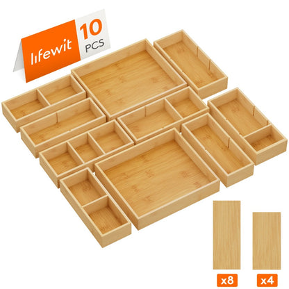 Bamboo Drawer Organizer 10 Pack, Adjustable Stackable Drawer Dividers Bins for Kitchen Utensils, Silverware, Makeup, Office Supplies, Bathroom Vanity & Junk Drawer