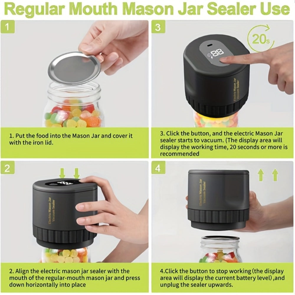 Electric Mason Jar Vacuum Sealer Kit with Sealing Lids Wide Mouth Regular Mouth Compatible Automatic Food Preservation Vacuum Sealing System