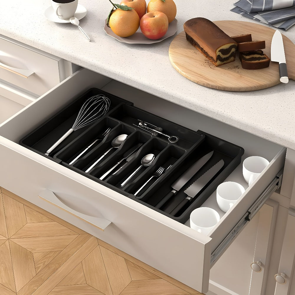 Silverware Organizer Adjustable Drawer Organizer | Utensil & Cutlery Storage Tray for Kitchen Drawer | Expandable Knife Fork Spoon Holder 22.4" x 15" x 2" | Kitchen Organization & Storage in Black Grey White