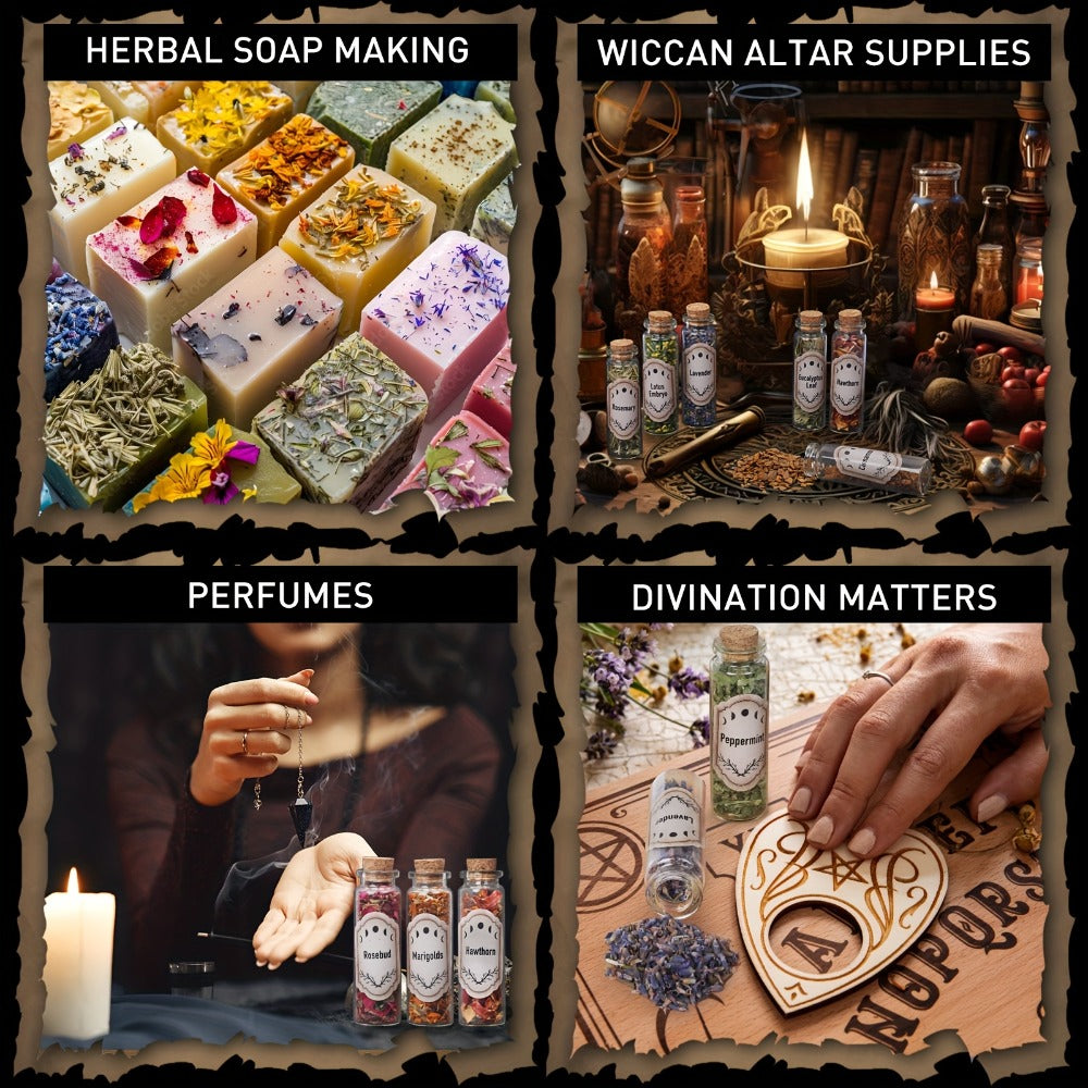 43-Piece Dried Herbs & Flowers Witch Ritual Kit – Sachet Supplies Set with Crystal Spoon, Black Feather & Bell for Pagan Spells, Candle Making, Soap, Wedding Decor