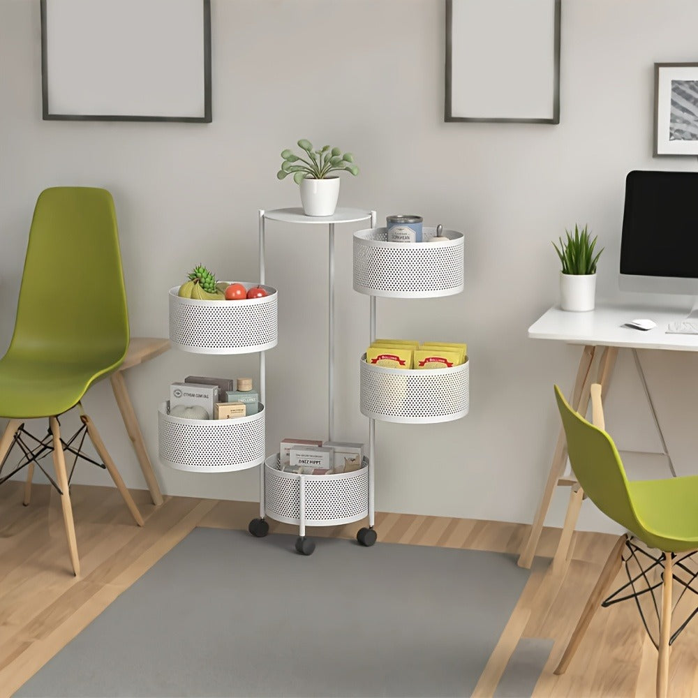Rotating Storage Rack Multi-Tier Rolling Cart – 360° Swivel Round Floor Standing Organizer with 4 or 5 Layers, Vegetable Basket & File Rack for Kitchen, Bathroom, Office & Living Room (Black / White)