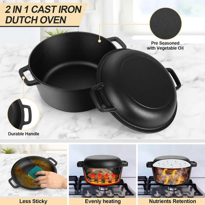Cast Iron Dutch Oven 5 Quart Pre-Seasoned with Skillet Lid | 2-in-1 Non-Stick Crock Pot with Handles for Braising, Roasting & Casserole – All-in-One Cookware, Black