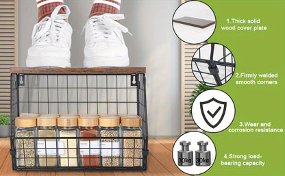 Wall-Mounted Fruit Basket with Wooden Cover - 2-Tier Metal Kitchen Storage Basket with Hooks, Stackable Hanging Organizer for Potatoes Onions Vegetables