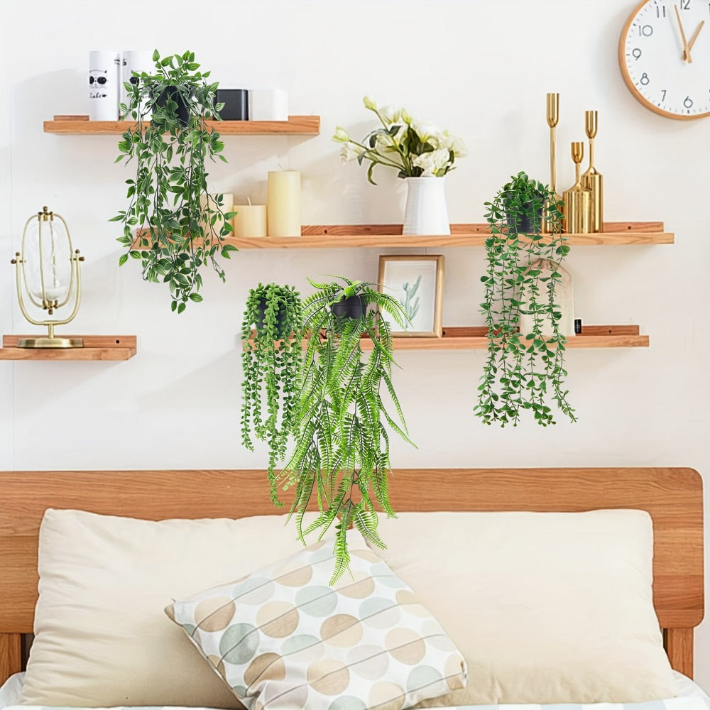 Artificial Hanging Plants 4 Pack – Fake Trailing Vines for Indoor Outdoor Wall Shelf Room Decor, Realistic Faux Rose Greenery Hanging Basket Decoration