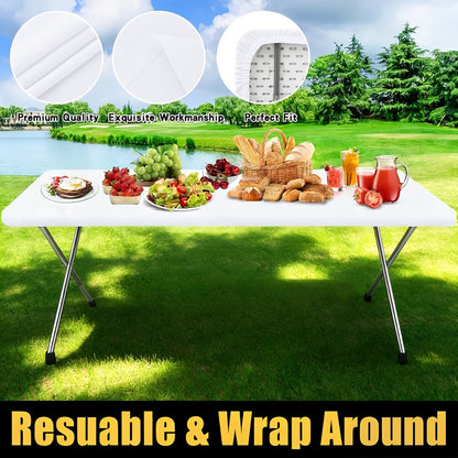 Stretch Table Covers 6Ft Washable Elastic Rectangle Tablecloth for Parties Weddings Picnics Camping, Spandex Polyester Blend, Fits Standard 6 Foot Tables, Set of 3 6 9 or 12, Black White Blue